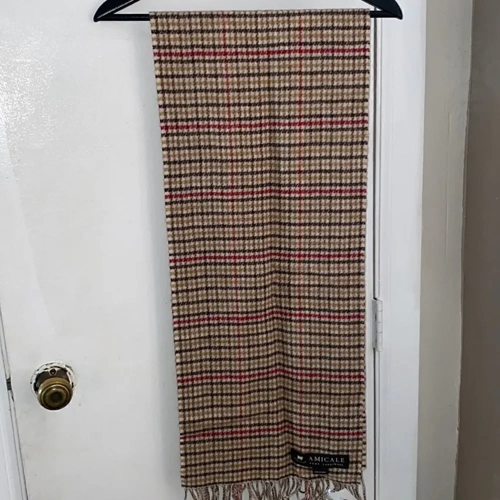 AMICALE Lambswool Tan Plaid Scarf